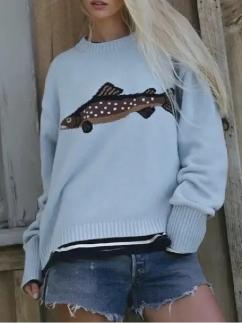 Blue Fish Novelty Crewneck knit Sweater Coastal Preppy Nautical Fisherman L
